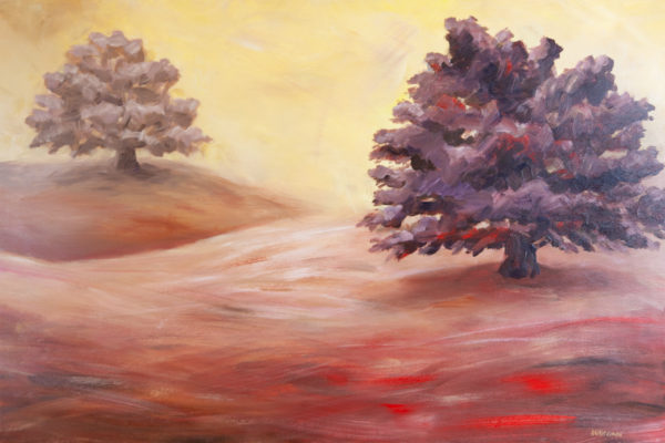 Two oaks on a hill painting red yellow california heather millenaar painter