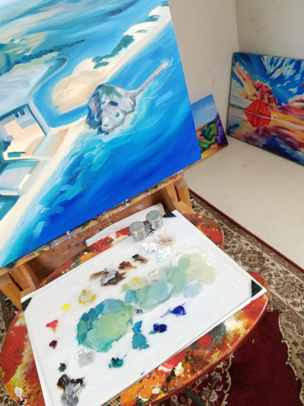 art painting palette paint artist blue ocean sky mountain decor colorful